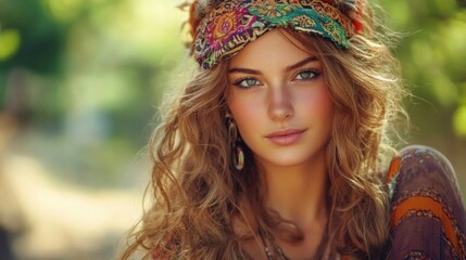 Fototapeta premium Bohemian styled young woman with curly hair and colorful headband in a tranquil green woodland setting showcasing nature-inspired fashion.