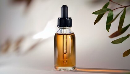 Amber serum bottle with dropper, elegant and minimalist aesthetic.