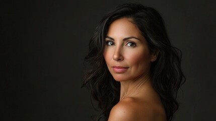 Fototapeta premium Portrait of Elegant Hispanic Woman with Bare Shoulders and Long Dark Wavy Hair Against a Subtle Dark Background
