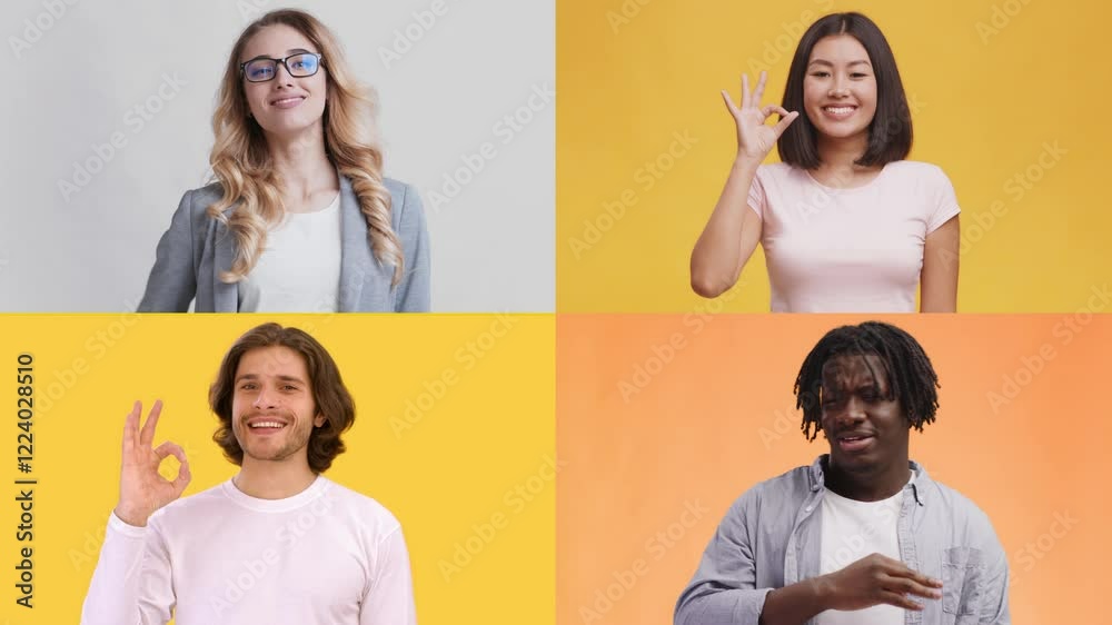 Leinwandbilder four individuals of diverse backgrounds showcase various emotions and gestures against bright backgr