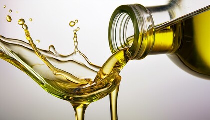 Golden oil pours, creating a vibrant splash.