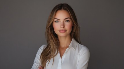 Fototapeta premium Confident young adult woman with long brown hair wearing a white shirt, posing against a soft gray studio background, showcasing professionalism and elegance.