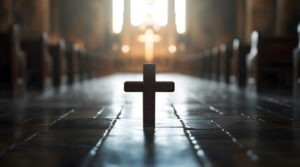 Naklejka premium Majestic Interior of Historic Church with Central Cross Silhouetted in Light : Generative AI