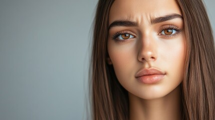 Naklejka premium Sad young woman with long brown straight hair and brown eyes on a muted gray background expressing deep emotions and vulnerability