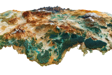 Colorful topographic relief map showing mountains, forests, and valleys, highlighting the diverse terrain and natural beauty of the region.