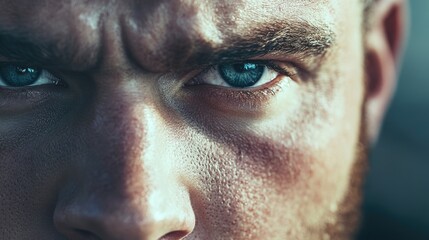 Close-up portrait of determined male athlete with intense blue eyes and textured skin, holding an American football, showcasing focus and strength.
