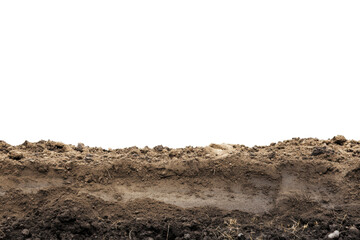 Cross section of soil layers showing dark upper soil, clay, and sandy layers with roots. Isolated on black background for environmental studies.