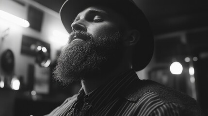 Barber providing precision beard grooming with electric razor in dimly lit vintage barbershop featuring warm tones and stylish decor.
