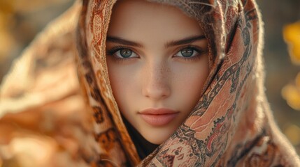captivating young woman with striking blue eyes wrapped in an intricately patterned shawl with autumn colors in a soft natural light backdrop