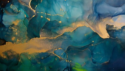 Abstract art: Teal and gold liquid swirls create a mesmerizing pattern.