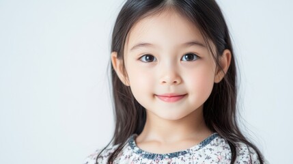 Smiling young girl with long dark hair wearing a floral dress exuding joy and innocence, celebrating happiness and healthy childhood against a white background.