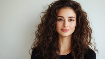 Naklejka premium Portrait of a beautiful young woman with long curly hair, showcasing healthy hair care against a soft neutral background.