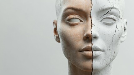 Split face of a mannequin representing aging changes with cracked skin texture on one side and smooth complexion on the other in neutral tones