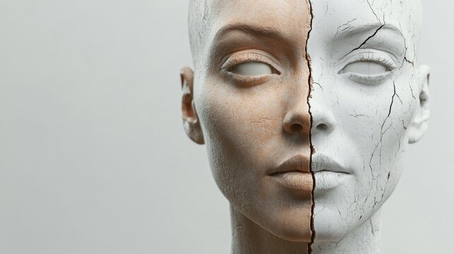 Split face of a mannequin representing aging changes with cracked skin texture on one side and smooth complexion on the other in neutral tones