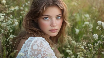 Naklejka premium Portrait of a young woman with long brown hair and striking blue eyes, surrounded by green grass and white wildflowers in a sunlit field.