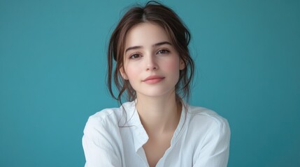 Fototapeta premium Casual portrait of young woman with healthy skin wearing white blouse against teal background, beauty and cosmetics concept.