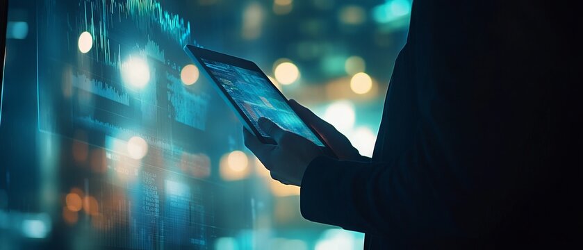 Business Professional Using a Tablet to Analyze Holographic Financial Trends, Stock Market Success, and Growth Projections in a Modern Office.