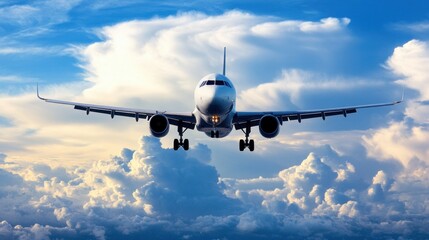 Airplane landing over dramatic clouds sky view aviation travel serene environment