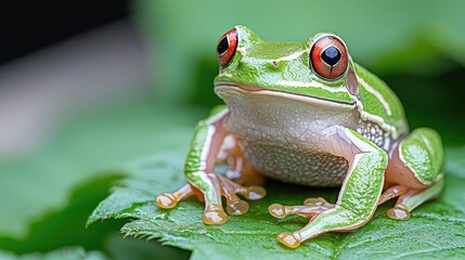 Fototapeta premium Red-eyed tree frog on leaf, rainforest background, nature wildlife