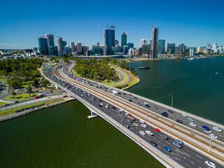 Aerial view of highway connecting to Perth CBD in Australia