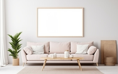 blank 9:6 ratio frame for mockup adversitement hanging on the wall with bohemian style living room