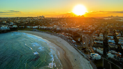 Aerial view of Bondi Beach in Sydney at sunset