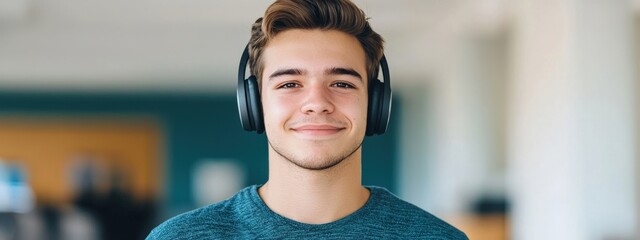 Young man wearing headphones smiling confidently in modern indoor environment