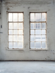 Fototapeta premium Weathered Brick Wall with Large Vintage Windows in Rustic Industrial Room : Generative AI
