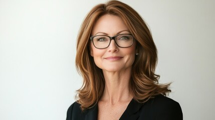 Fototapeta premium Professional middle-aged businesswoman with glasses smiling against a soft white background, showcasing confidence and approachability in a corporate setting.