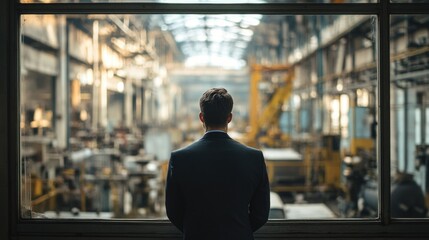 Fototapeta premium Businessman in suit gazing out large window at industrial factory interior with machinery in background, showcasing a serene yet contemplative mood