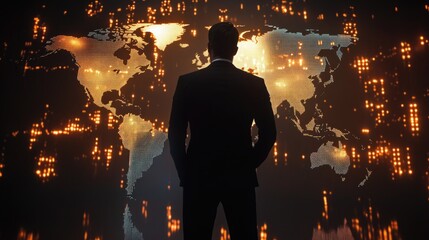 Businessman in formal black suit analyzing glowing world map and candlestick chart through hologram projection in a modern office environment.