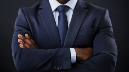 confident business professional with crossed arms wearing dark suit and tie on black background showcasing leadership and authority