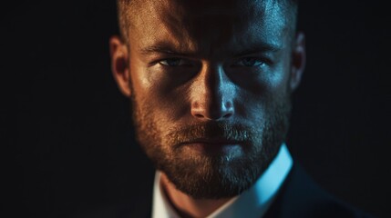 Fototapeta premium Confident businessman portrait with stylish beard and sharp features captured in dramatic lighting showcasing blue and gold tones against a dark background.