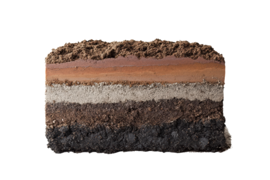Layered soil sample showcasing distinct layers of various materials with a white isolated background, perfect for educational purposes.
