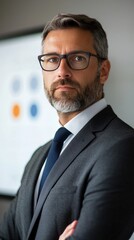 Professional businessman in suit with glasses presenting analysis in modern office setting with charts on background