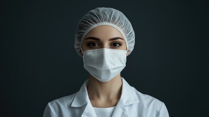 Caucasian woman wearing a white medical coat and face mask presenting skincare treatment in a professional spa setting with gray background