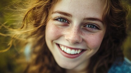 Fototapeta premium Cheerful Caucasian Girl with Freckles and Curly Hair Smiling Against a Natural Green Background in Soft Natural Light