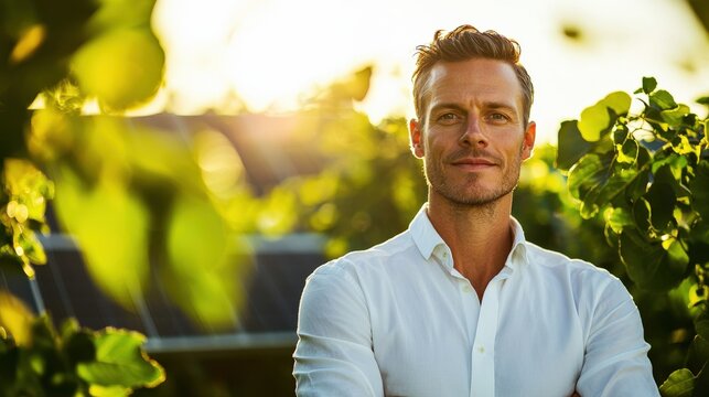 Confident Man in Casual Shirt Surrounded by Lush Greenery at Sunset in Vineyard Setting