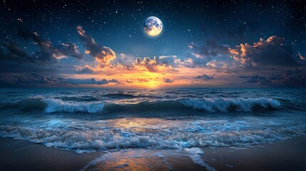 Night seascape moonlit ocean waves at sunset