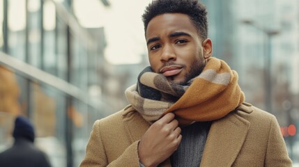 Stylish man with curly hair adjusting cozy scarf while walking in urban setting showcasing autumn colors and modern architecture.