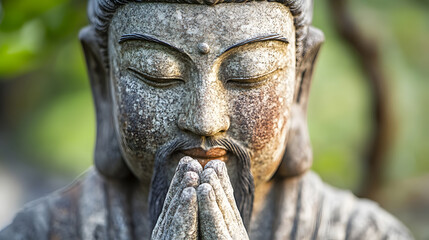 Close Up of Praying Hands Statue with Moss on Stone Surface : Generative AI