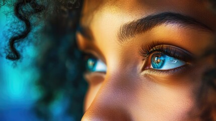 Multiracial women collaborating on project details in modern office with laptop and tablet showcasing bright blue eyes and curly hair against colorful background