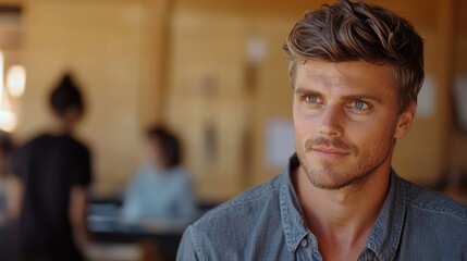 Fototapeta premium Confident Male Teacher in Bright Classroom Setting Engaging with Students with Warm Wood Tones and Natural Light