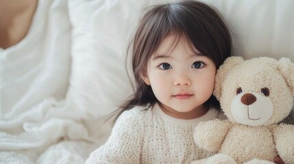 Adorable preschool-aged girl with dark hair in cozy knit sweater cuddling teddy bear while sitting on soft white bedding in bright indoor setting.