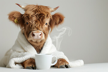 funny animal photos, visualize adorable highland cow in white bathrobe sipping steamy coffee against a white background