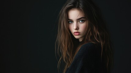 Fototapeta premium portrait of a young girl with long dark hair and soft features against a textured dark background showcasing subtle lighting and natural beauty