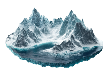 Stunning icy mountain range with snowy peaks and a glacial body of water, isolated on a white background, perfect for winter-themed projects.