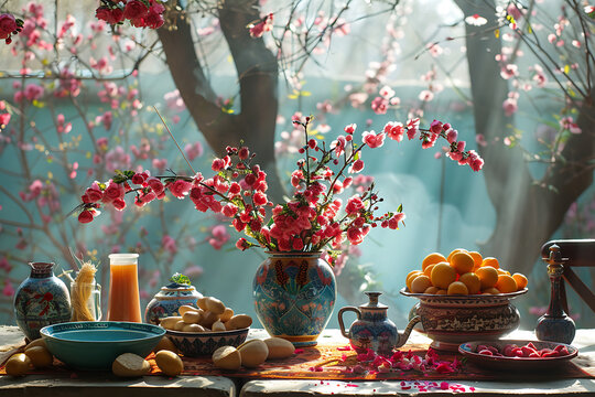 nowruz celebrations, the shamas glimmering light on the haft-seen and the gentle rustle of spring leaves create a hopeful nowruz atmosphere