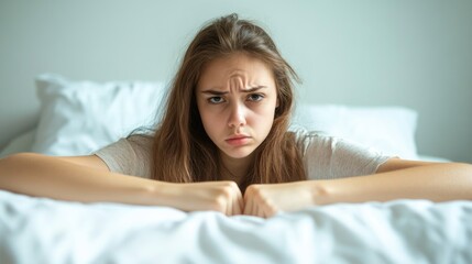 Fototapeta premium portrait of a young woman with long brown hair sitting on a bed with white bedding looking upset and frustrated in a softly lit bedroom environment