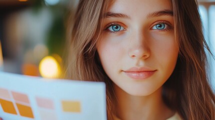 Young female with long brown hair examining a tooth color chart while smiling in a bright dental office setting with warm tones.
